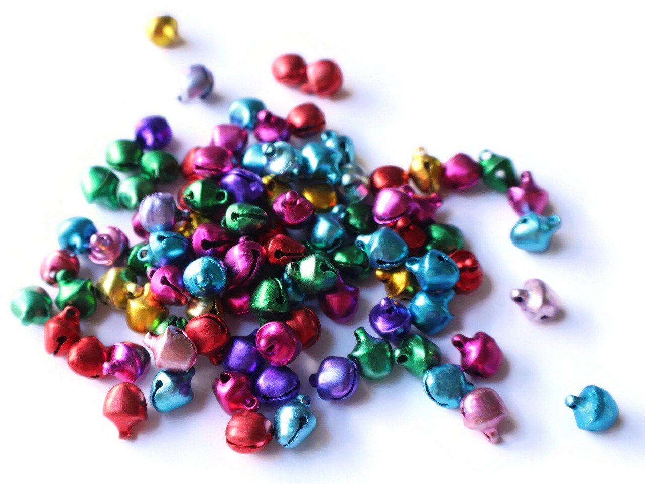 100 Small Mixed Color Jingle Bell Beads - Jewel Tone Aluminum Bell Charms